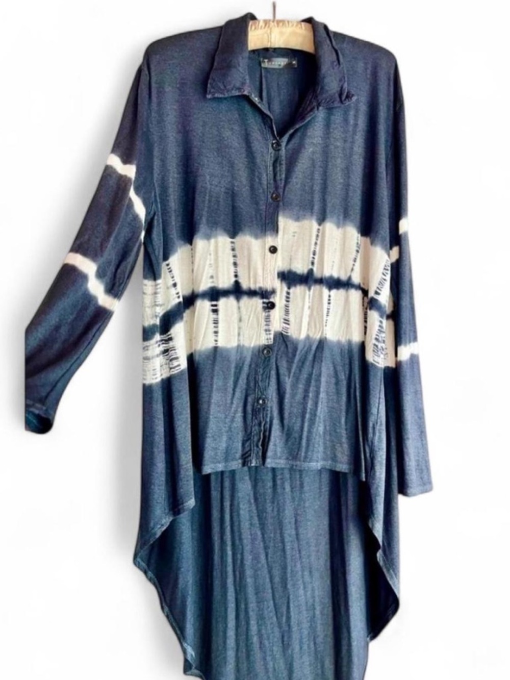 Navy and White Tie-dye Button-Up Tunic Sz M